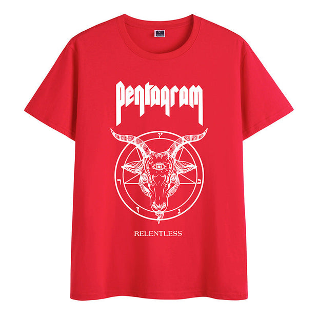 Cotton round neck literary print short-sleeved T-shirt