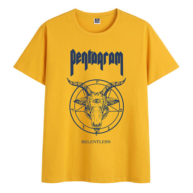 Cotton round neck literary print short-sleeved T-shirt