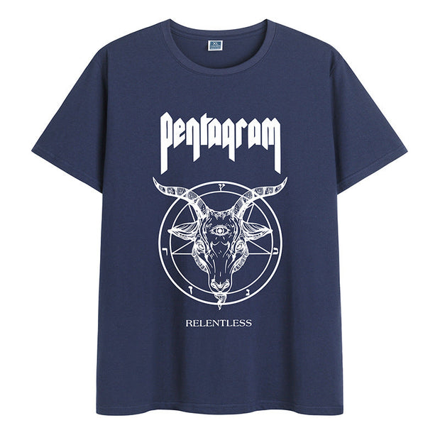 Cotton round neck literary print short-sleeved T-shirt