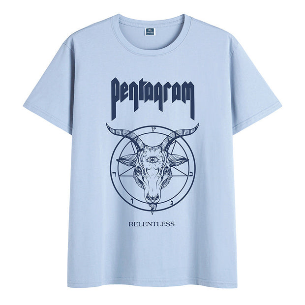 Cotton round neck literary print short-sleeved T-shirt