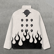 Anime Symbol Flame Print Long Sleeve Zipper Pocket Plush Coat