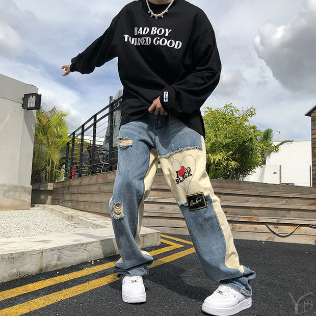 Vintage oatchwork ripped hip hop jeans