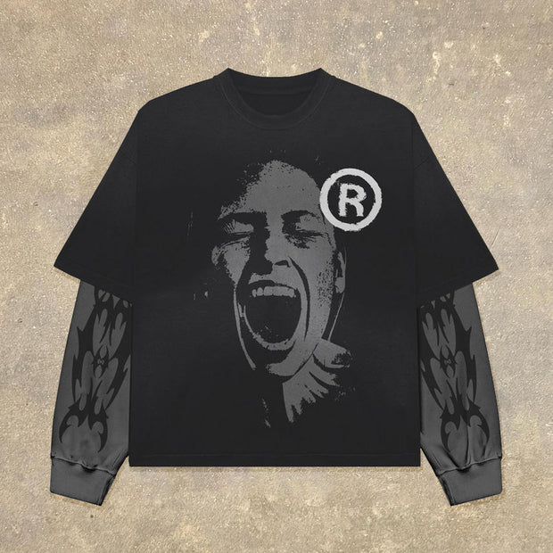 Fake Two Scream Print Long Sleeve T-Shirt