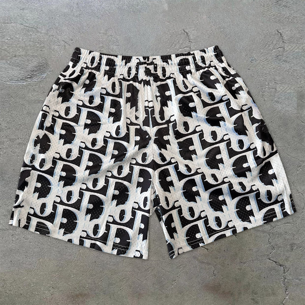Sleek Vintage Print Street Mesh Shorts