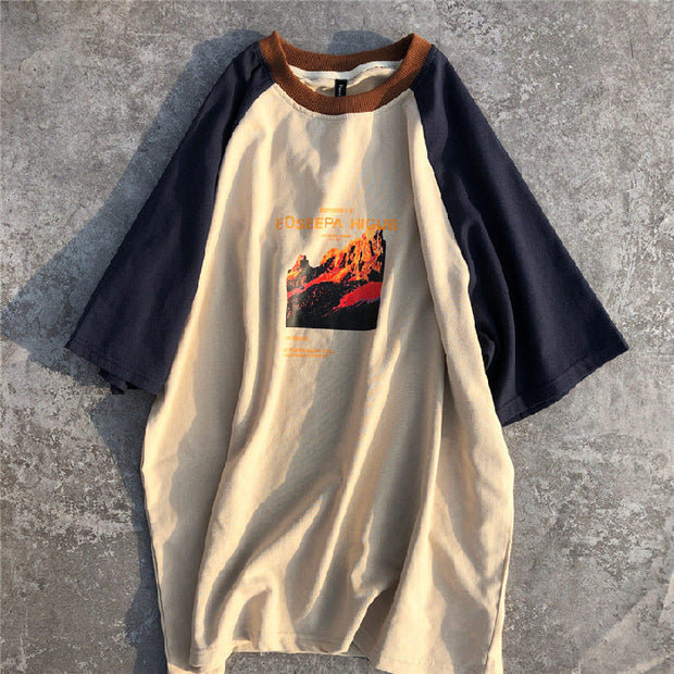 Retro Snow Mountain Raglan Sleeve Half Sleeve Stitching Short Sleeve T-shirt