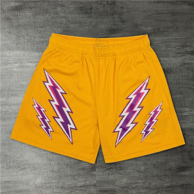 Street style track shorts with double lightning print
