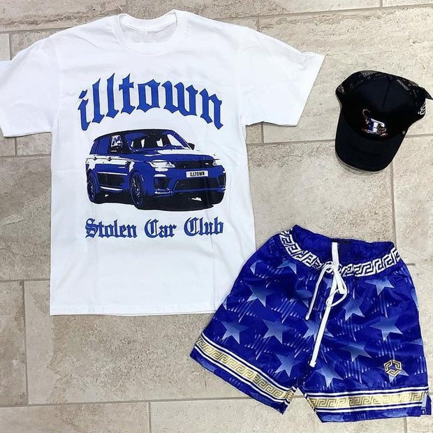 Car Print T-Shirt Drawstring Shorts Two-Piece Set