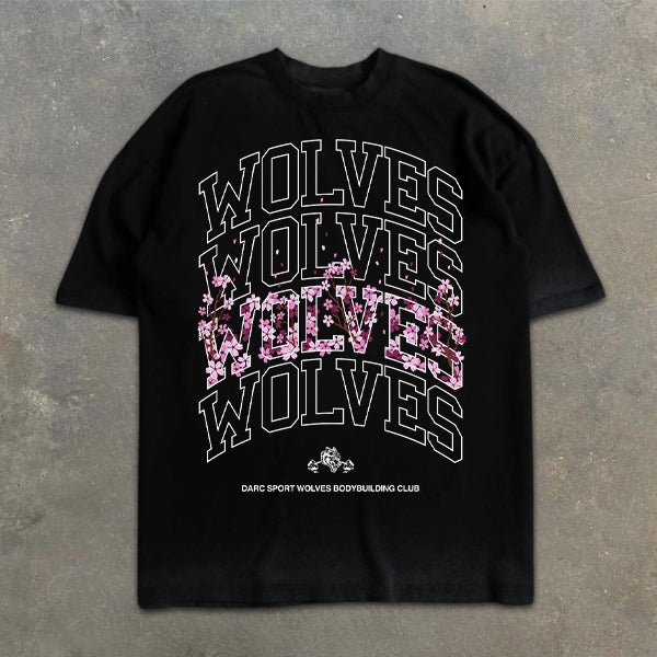 Wolf Slogan Sakura Graphic Print Short Sleeve T-Shirt