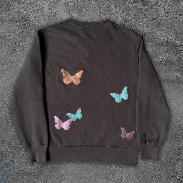 Fashion Butterfly Print Round Neck Long Sleeve Sweatshirt