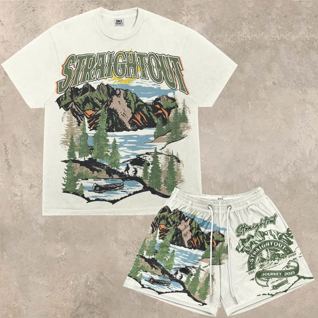 Fashion personality street style print short-sleeved shorts suit