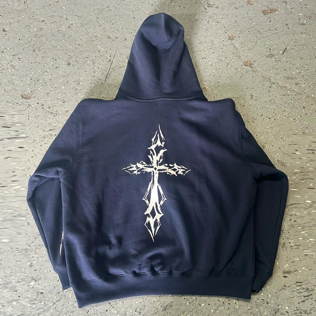 cross print zip-up hoodie
