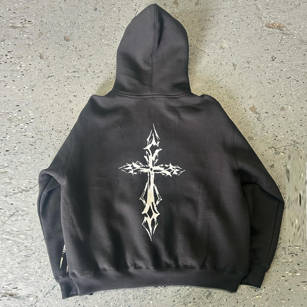 cross print zip-up hoodie