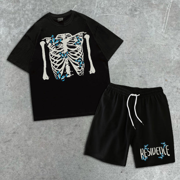Skull Butterfly Print Short Sleeve Shorts Set