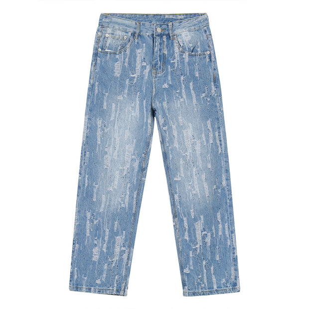 Frayed design straight leg fashion loose casual jeans men