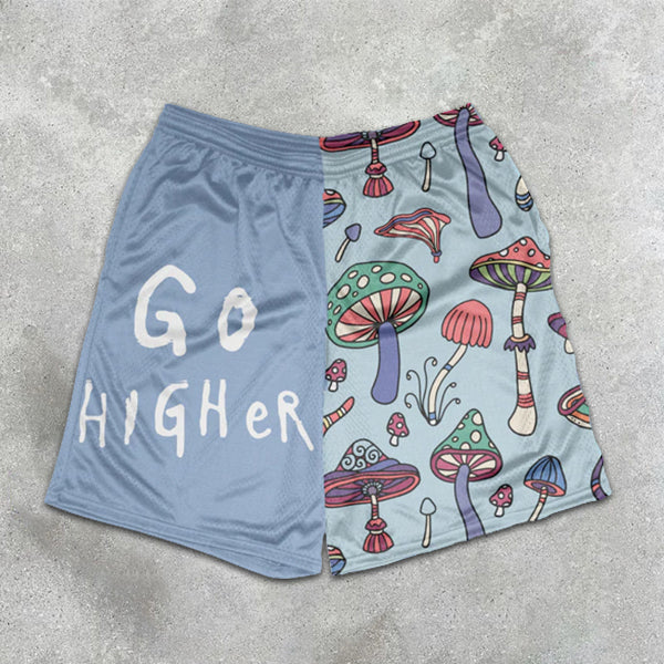 Mushroom Graphic Print Colorblock Elastic Shorts
