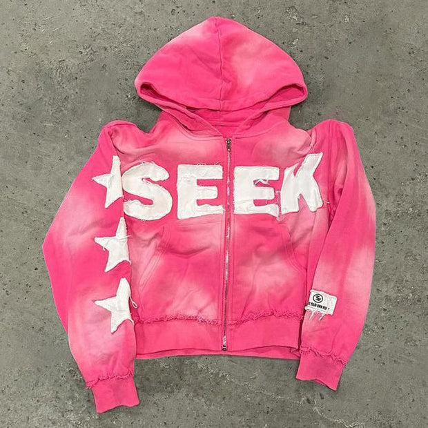 Seek Print Long Sleeve Zipper Applique Embroidered Hoodies