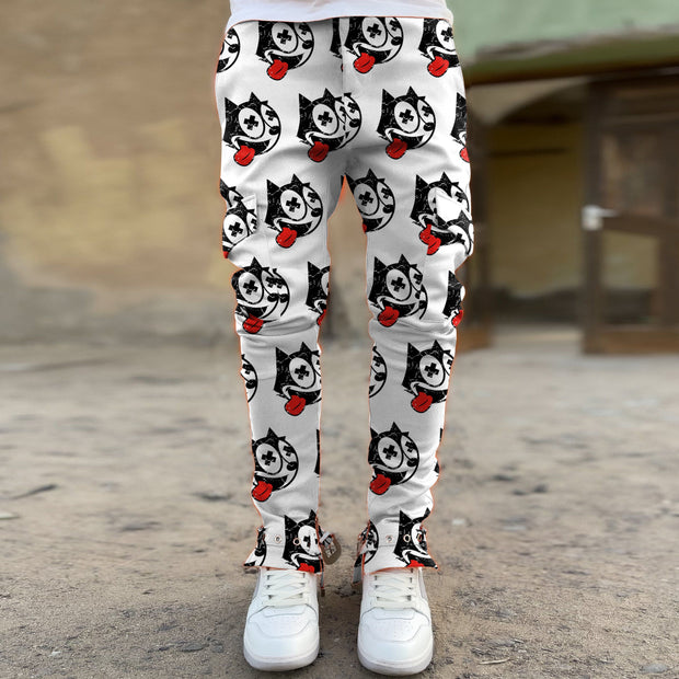 Cartoon pattern street perforated lace-up slim overalls