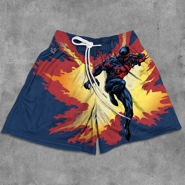 Anime Flame Print Mesh Pocket Shorts