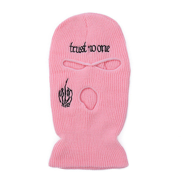 Embroidered warm letter wool hat outdoor windproof hip-hop mask head cover three-hole knitted hat