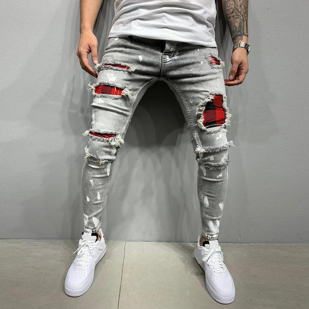 Men's slim ripped pencil pants new men's paint jeans