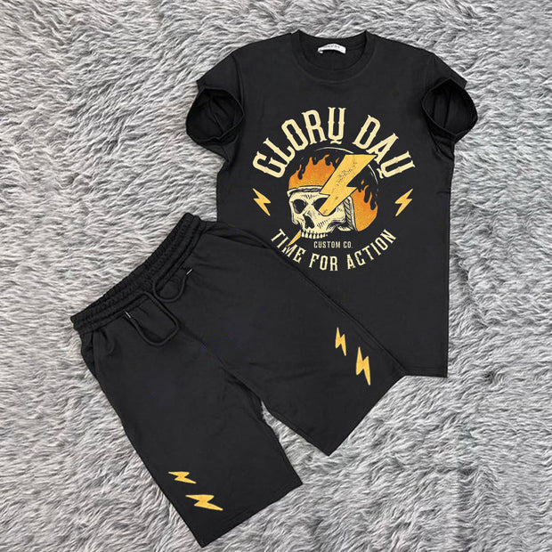 Casual Skull Print Short Sleeve Suit