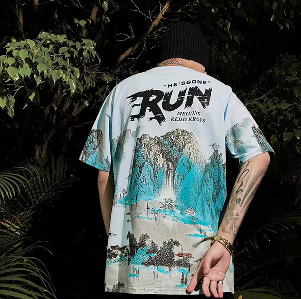 Guofeng landscape printing short-sleeved T-shirt loose trend couple outfit