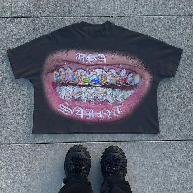 Saint Teeth Print Short Sleeve T-Shirt