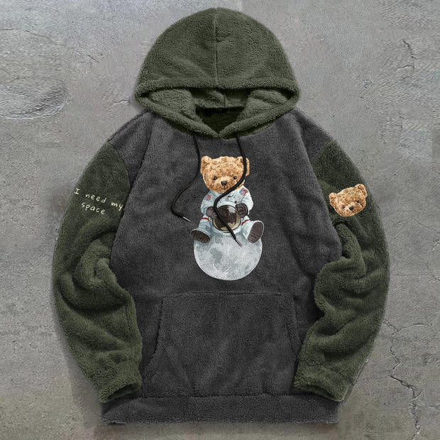 Astronaut Bear Colorblock Retro Plush Hoodie