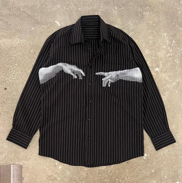 Hands Stripe Print Button Long Sleeve Shirt