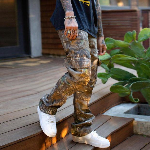 Trendy leaf print pocket overalls