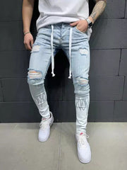 Flaming hole scratched print contrast colorblock sskinny jeans