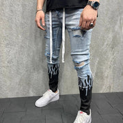 Flaming hole scratched print contrast colorblock sskinny jeans