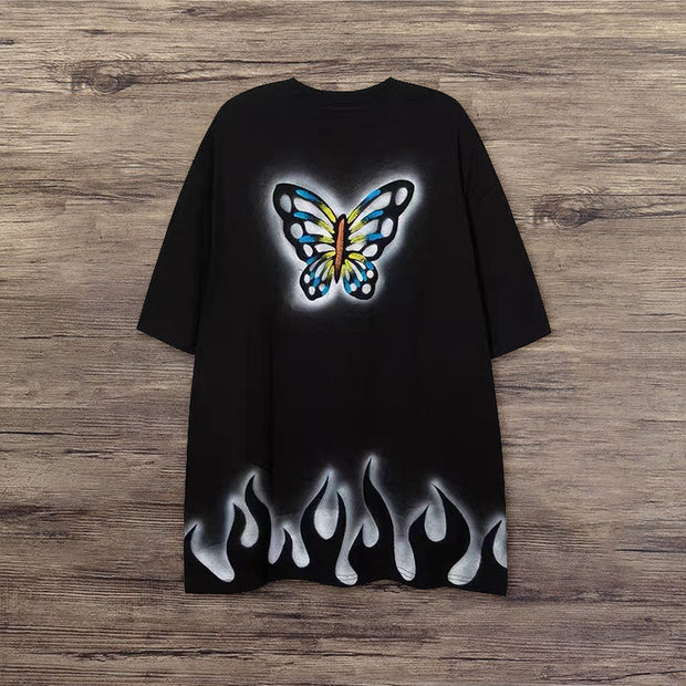 Fashion flame butterfly retro print T-shirt