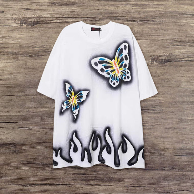 Fashion flame butterfly retro print T-shirt