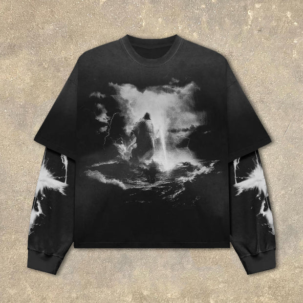 Fake Two Jesus At Sea Print Long Sleeve T-Shirt