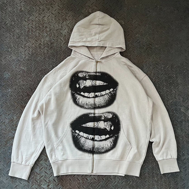Lip Print Long Sleeve Zipper Hoodies