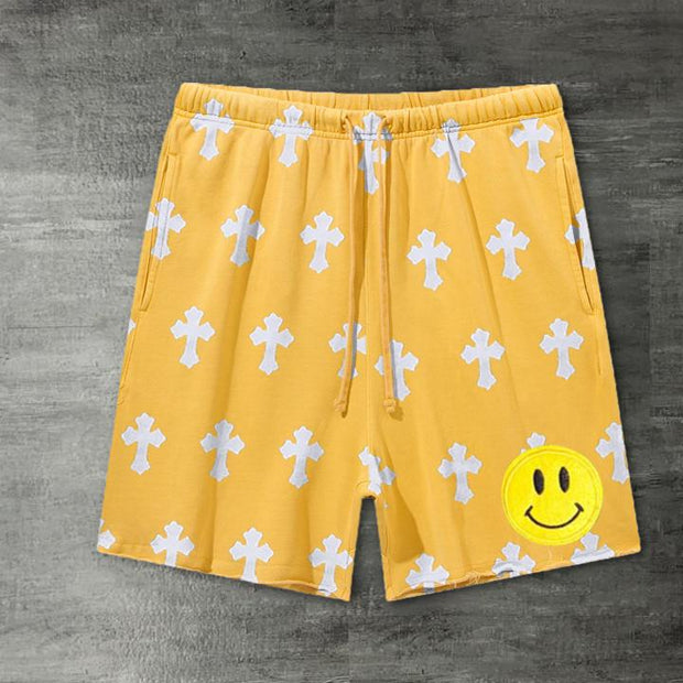 Cross-print casual loose edge sports shorts