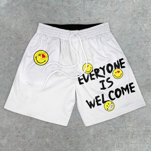 Fashion Preppy Casual Smiley Print Mesh Shorts
