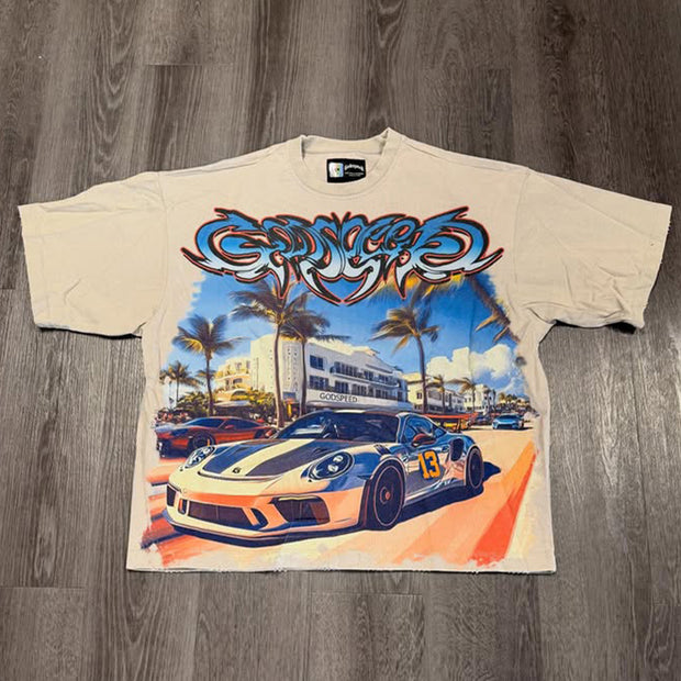 Casual car print crew neck T-shirt