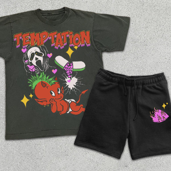 Cartoon Skull Graphic Print Short Sleeve Two Piece