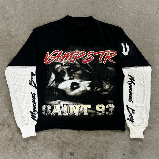 Saint Prayer Casual Street Stitching Long Sleeve T-Shirt