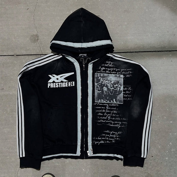 Fake Two Piece Vintage Graffiti Zip-Up Hoodie