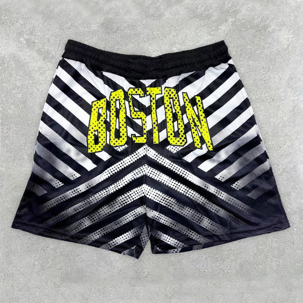 Stylish Alphabet Print Striped Gradient Casual Shorts