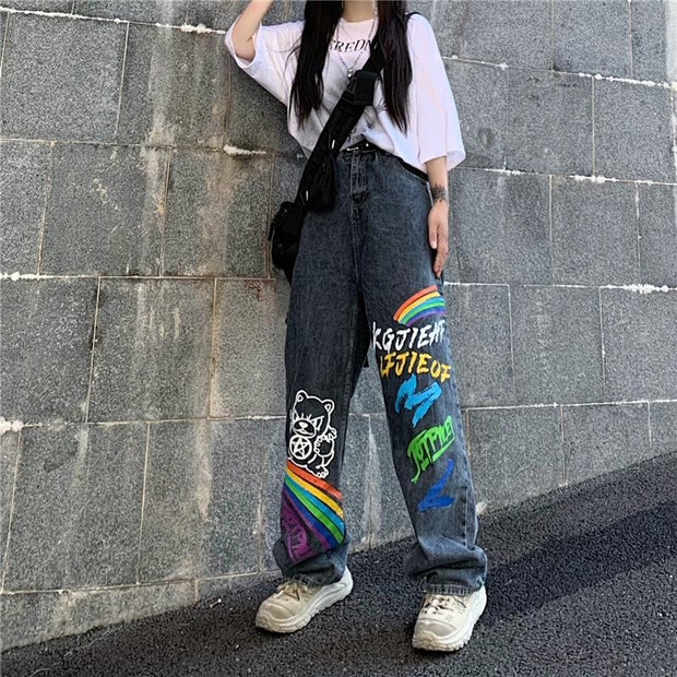 Graffiti jeans men's loose straight pants high street ins tide net red handsome casual trousers