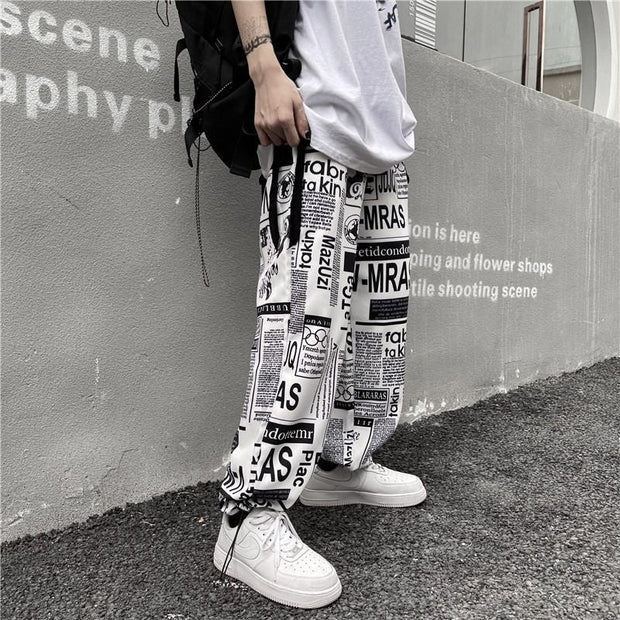Retro hip-hop bomb street newspaper full-print wide-leg trousers