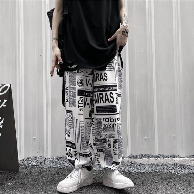 Retro hip-hop bomb street newspaper full-print wide-leg trousers