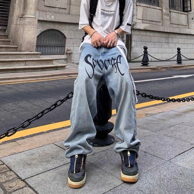 High street printed letters light-colored ripped jeans thin section trendy brand loose hip-hop retro trousers men