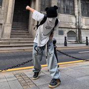 High street printed letters light-colored ripped jeans thin section trendy brand loose hip-hop retro trousers men