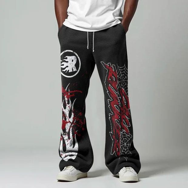 Letters Spider Web Flame Print Pocket Flared Trousers