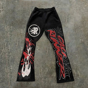 Letters Spider Web Flame Print Pocket Flared Trousers